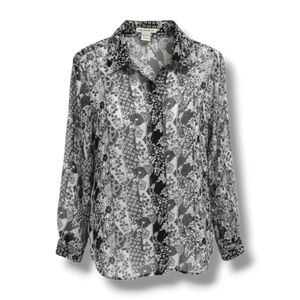 Notations Women's black white floral semi-sheer button-down Blouse- large